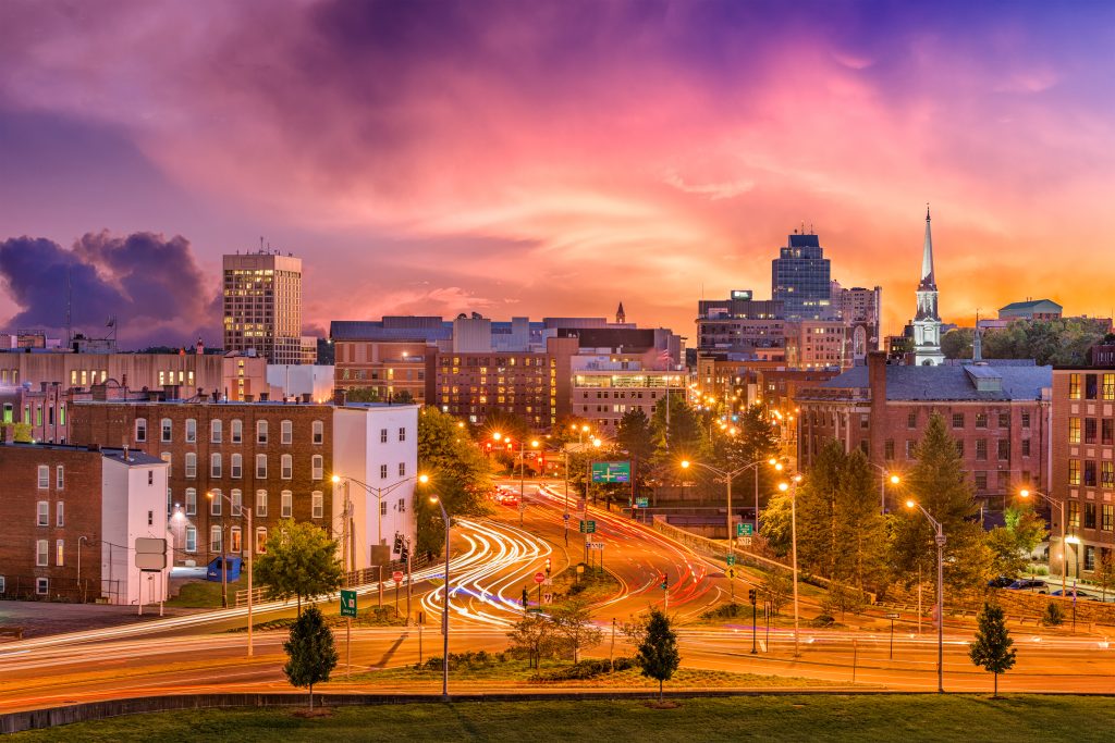 Sunset view of the City of Worcester.