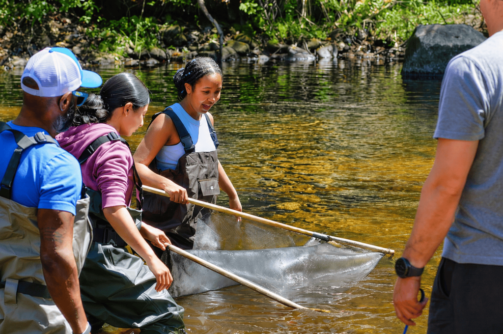 Bancroft School Middle School Students wading in brook to release brook trout.