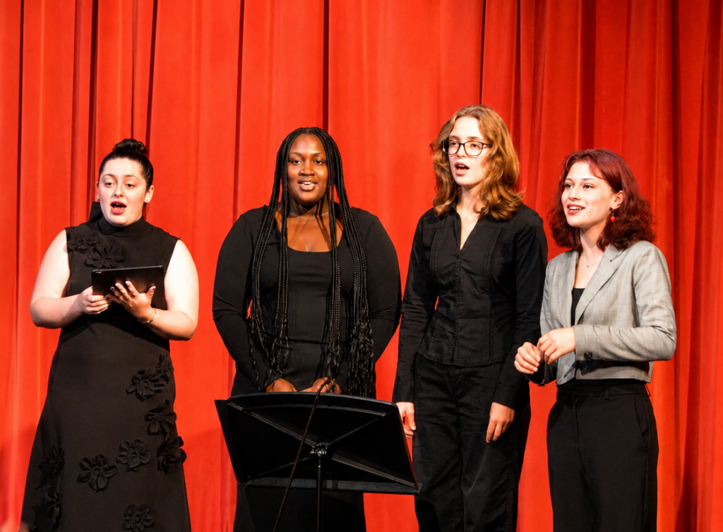 Four upper school students singing on stage.