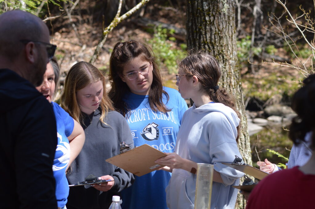 Students consult one another.